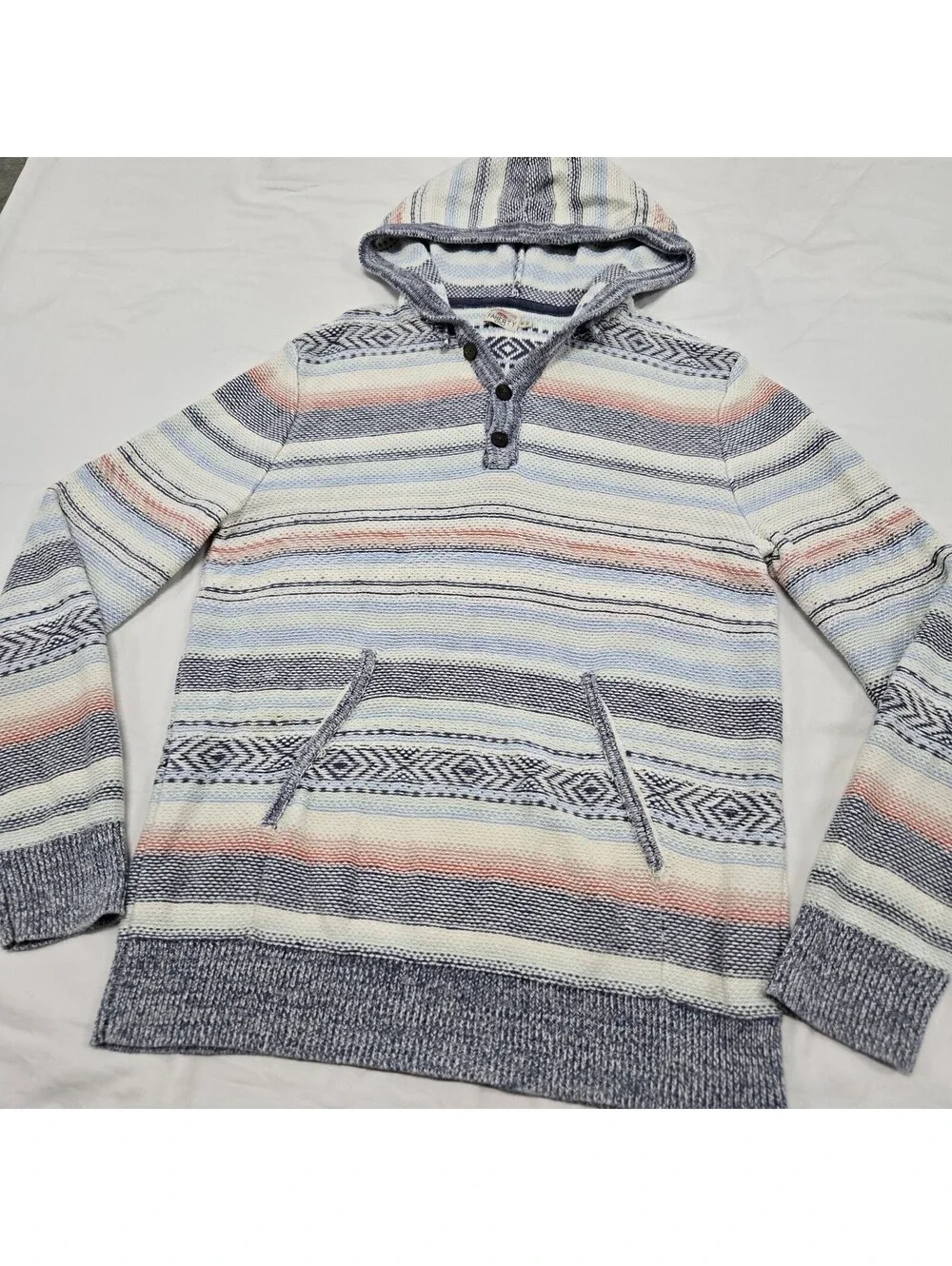 Mens MEDIUM Faherty Knit Hoodie Cove Sweater Poncho Striped Sierra Paradise